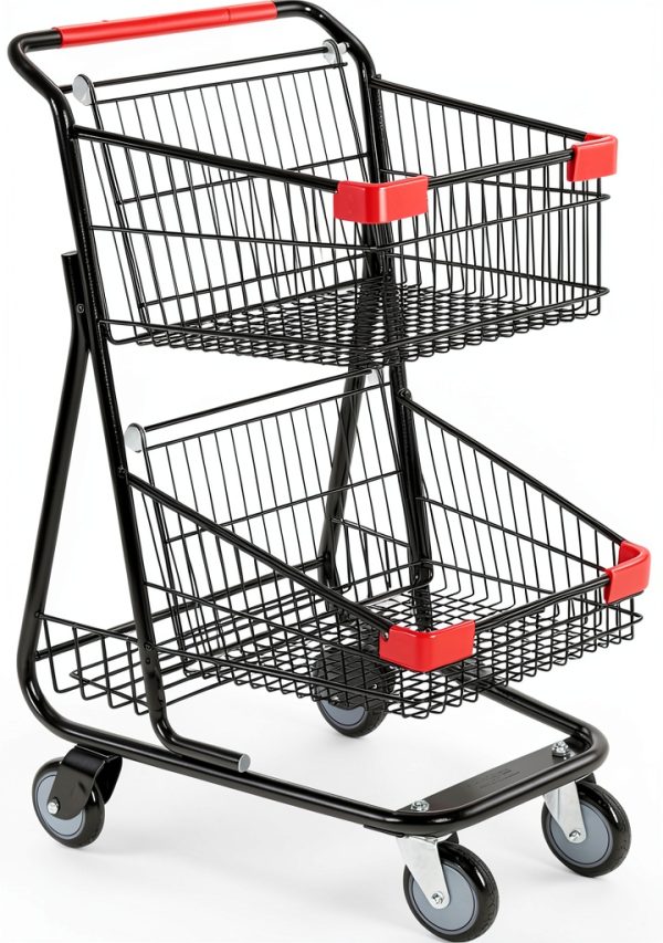 Double Basket Wire Shopping Cart in Metal with Black 19 W x 11 1/2 D x 18 1/2 H-0